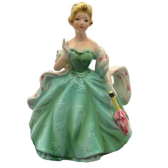 Rubens Originals Other - Vtg Rubens Blonde Lady Planter Figurine 583 Green Dress Pink Parasol USA Ceramic